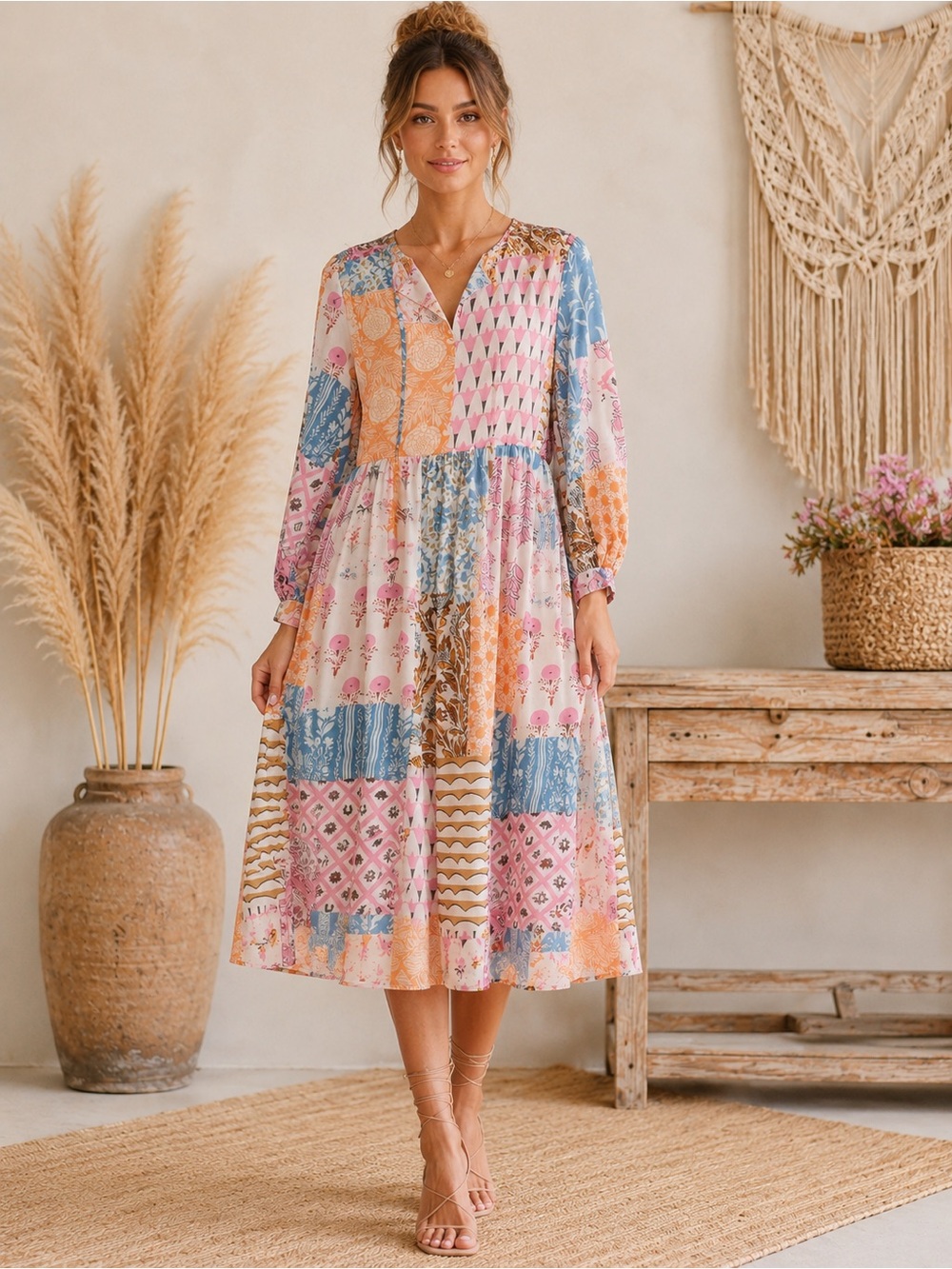 NWT Chartou Patchwork Boho Midi Dress Size L Long Sleeve Cottagecore A30